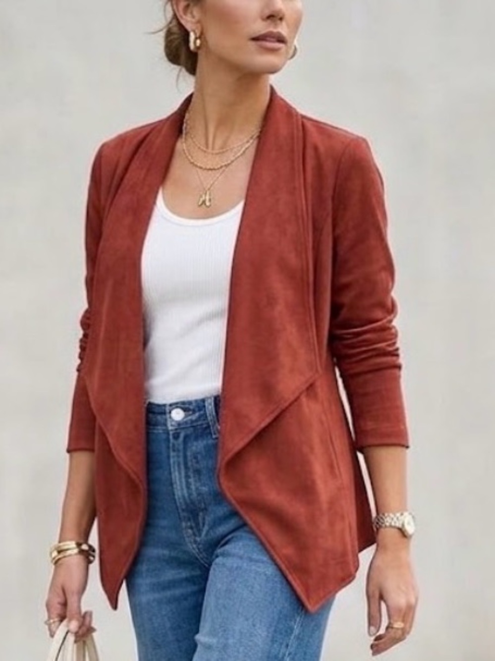 Women’s Faux Suede Drape Shawl Open Front Jacket Soft Rusty Red NWT Size M